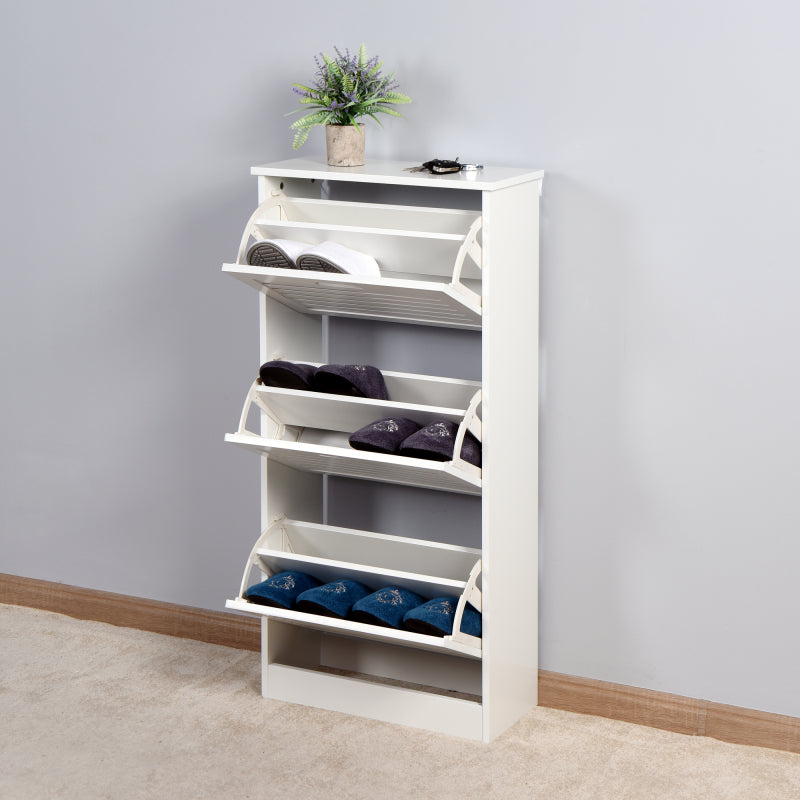 Modern Slim White Shoe Cabinet for Entryway, 3 Flip Doors