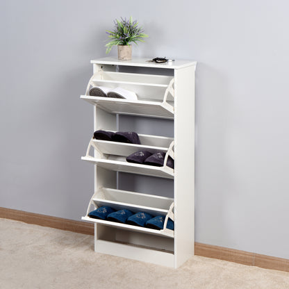 Modern Slim White Shoe Cabinet for Entryway, 3 Flip Doors