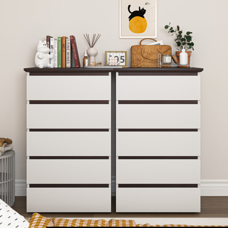 Modern 5-Drawer Bedroom Dresser, Two-Tone White & Walnut