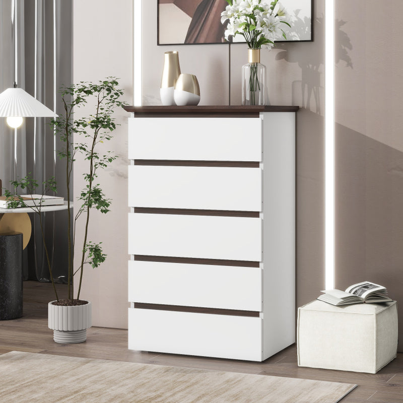 Modern 5-Drawer Bedroom Dresser, Two-Tone White & Walnut