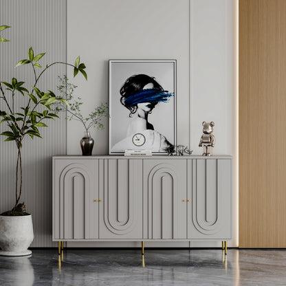 Modern Gray Sideboard for Dining & Entryway, 4-Door Storage