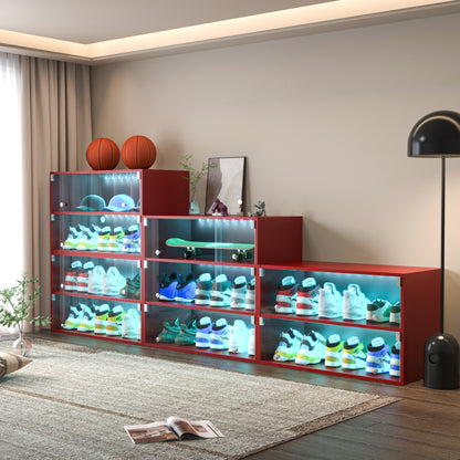 Modern Red LED Shoe Cabinet, Entryway 3-Tier Glass Doors