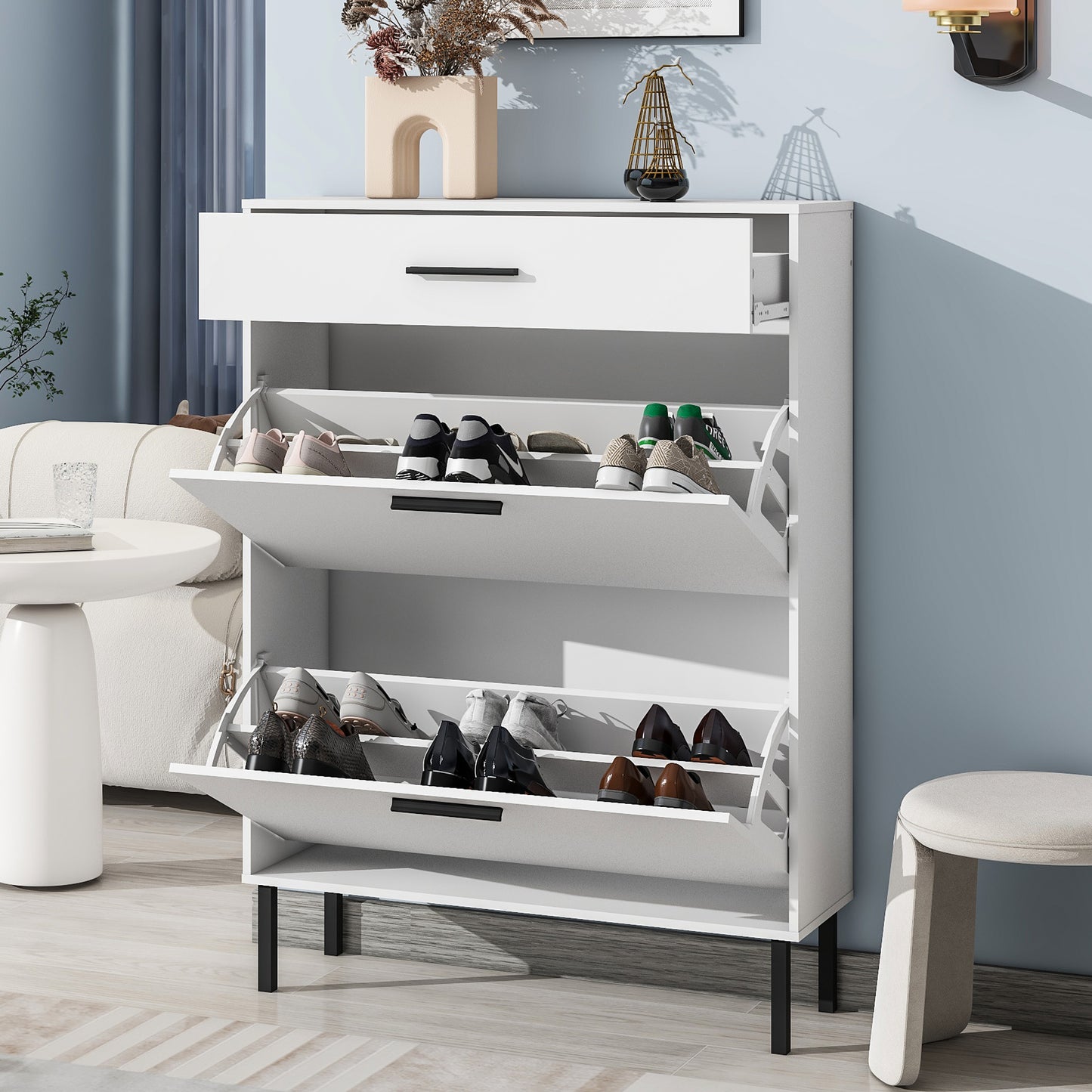 Modern Shoe Cabinet for Entryway with 2 Flip Drawers