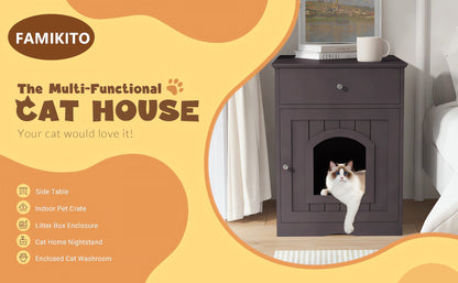 Modern Wood Cat Litter Box End Table, Indoor, Hides Litter
