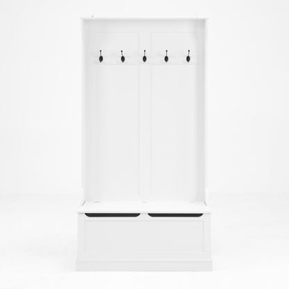 Modern White Hall Tree Bench, Entryway Shoe Storage, 5 Hooks
