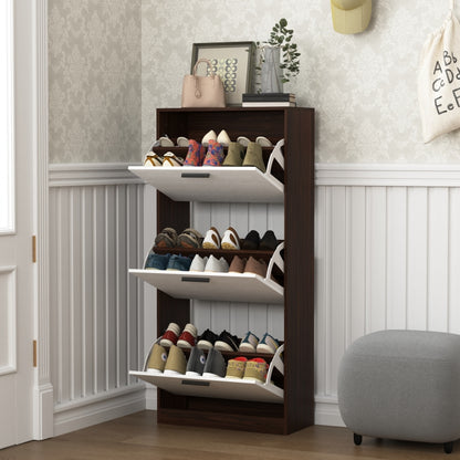 Modern Slim White Shoe Cabinet for Entryway, 3 Flip Drawers