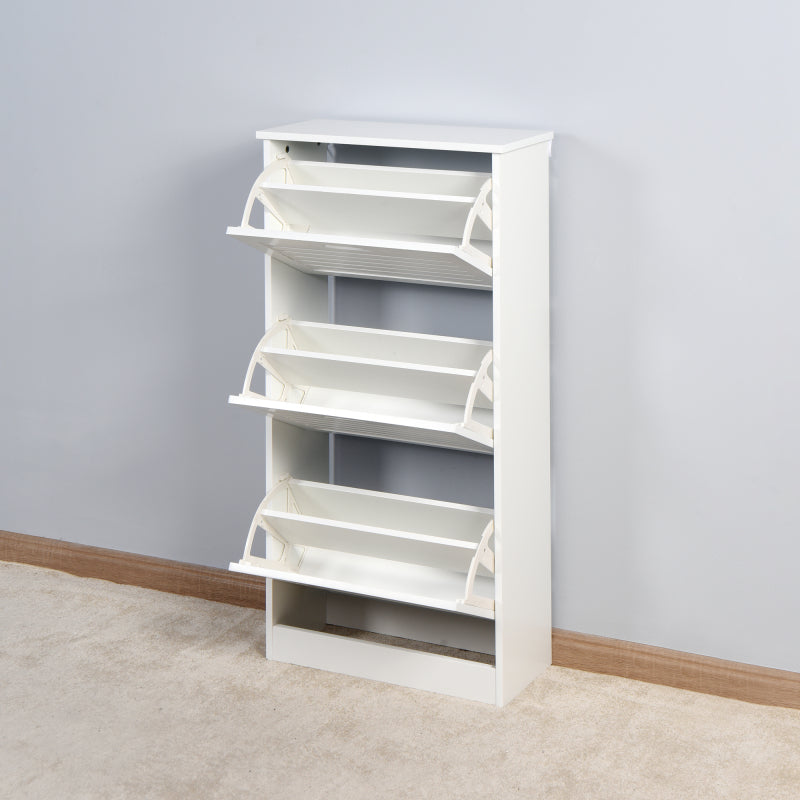 Modern Slim White Shoe Cabinet for Entryway, 3 Flip Doors