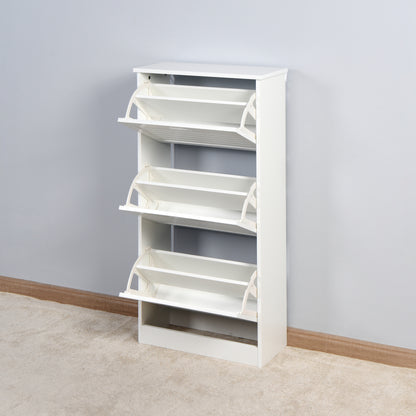 Modern Slim White Shoe Cabinet for Entryway, 3 Flip Doors