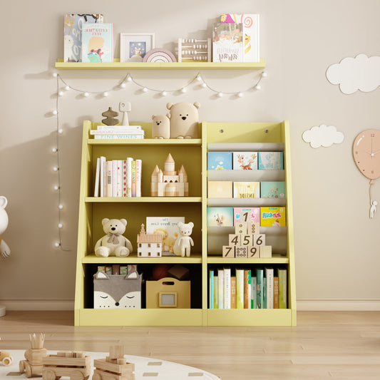 Playful Yellow Bookshelf & Toy Bin for Nursery, Easy Access