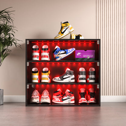 Modern Red LED Shoe Cabinet, Entryway 3-Tier Glass Doors