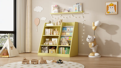 Playful Yellow Bookshelf & Toy Bin for Nursery, Easy Access