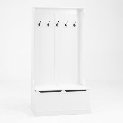 Modern White Hall Tree Bench, Entryway Shoe Storage, 5 Hooks