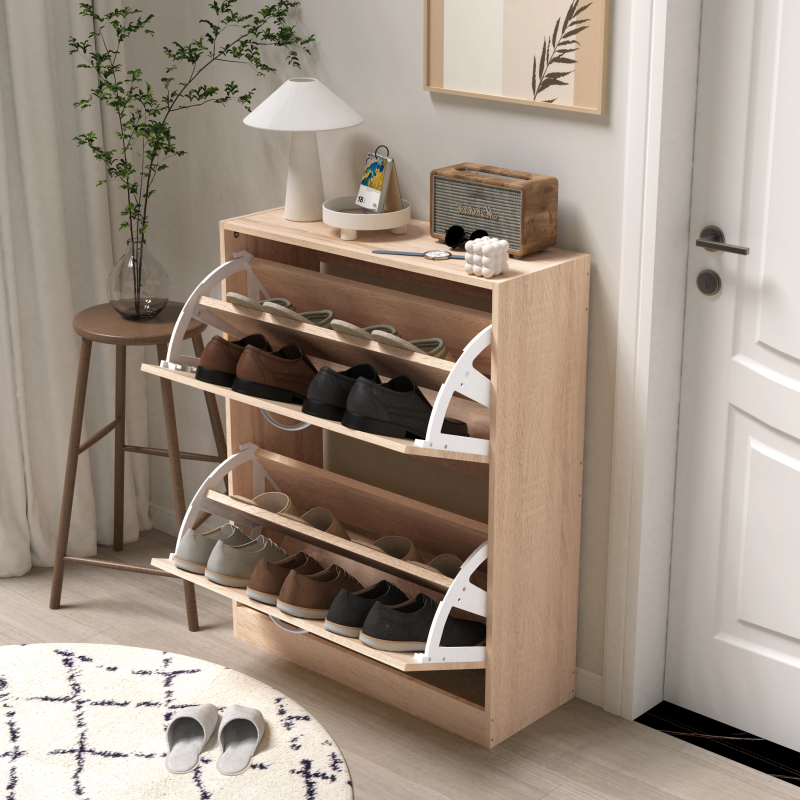 Modern Oak Shoe Cabinet for Entryway with Dual Flip Doors