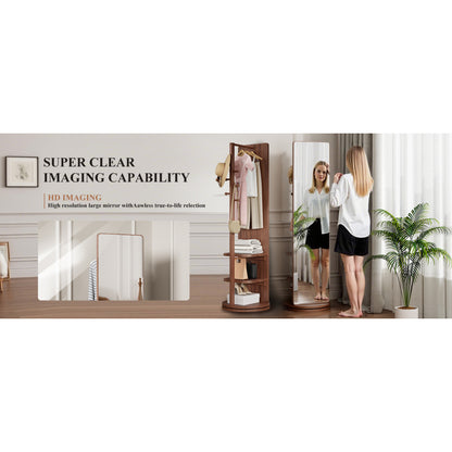 Solid Wood Walnut Floor Mirror for Entryway, 360° with Hooks