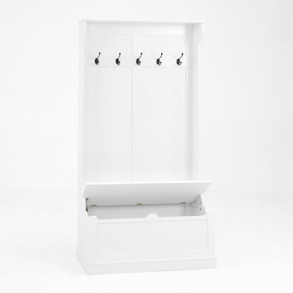 Modern White Hall Tree Bench, Entryway Shoe Storage, 5 Hooks