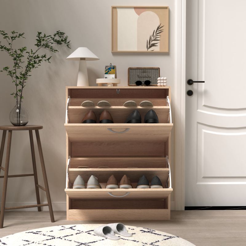 Modern Oak Shoe Cabinet for Entryway with Dual Flip Doors