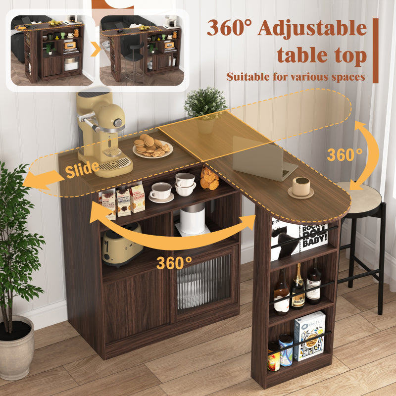 Modern Walnut Bar Cabinet for Dining, Rotating Top