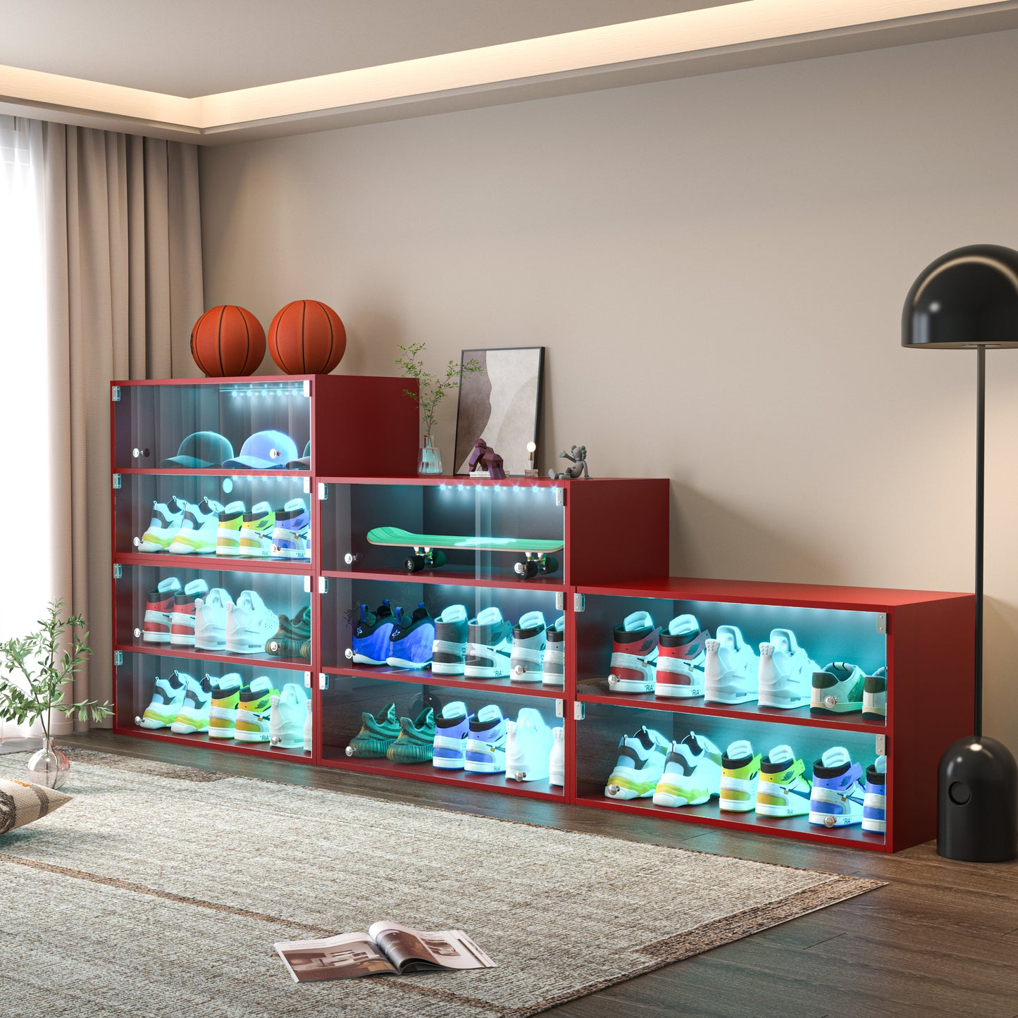 Modern Red Sneaker Display Cabinet for Entryway with RGB LED