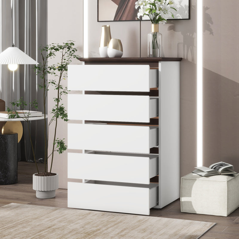 Modern 5-Drawer Bedroom Dresser, Two-Tone White & Walnut