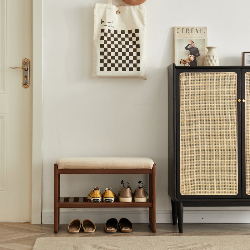 Walnut Solid Wood Entryway Shoe Bench with Cushioned Seat