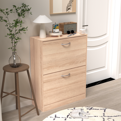Modern Oak Shoe Cabinet for Entryway with Dual Flip Doors