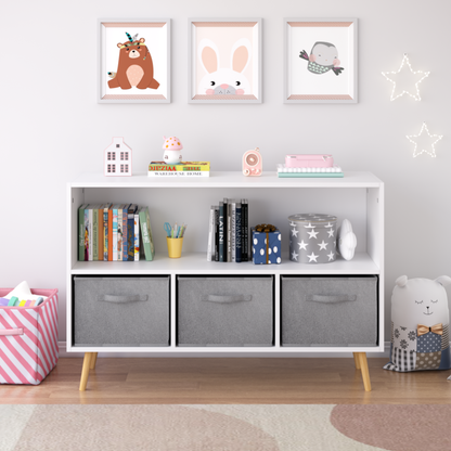 Modern Kids Bookcase for Playroom w/ Collapsible Fabric Bins