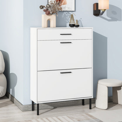 Modern Slim White Shoe Cabinet for Entryway, 3 Flip Doors