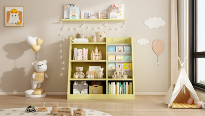 Playful Yellow Bookshelf & Toy Bin for Nursery, Easy Access