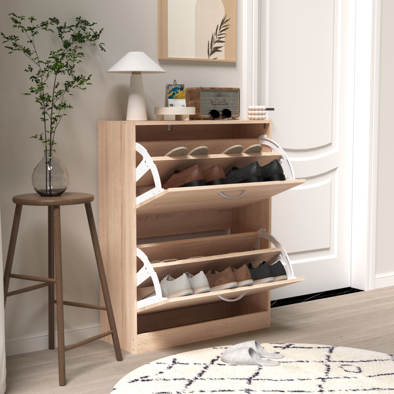 Modern Oak Shoe Cabinet for Entryway with Dual Flip Doors