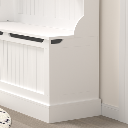 Modern White Hall Tree Bench, Entryway Shoe Storage, 5 Hooks